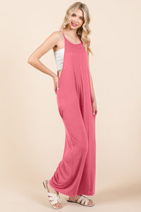 Sleeveless Wide Leg Jumpsuit with Pockets in Pink