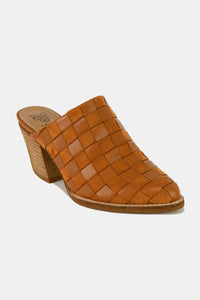 Woven Checkerboard Block Heel Mule Shoes in Caramel