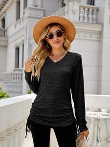 Drawstring V-Neck Long Sleeve Top (multiple color options)