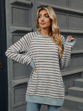 Load image into Gallery viewer, Pocketed Striped Round Neck Long Sleeve T-Shirt (multiple color options)
