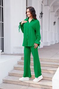 Drawstring Flounce Sleeve Shirt and Pants Set (multiple color options)