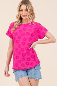 Textured Floral Pattern Short Sleeve T-Shirt in Fuchsia