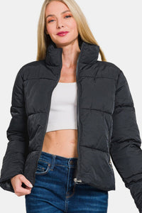 Zip Up Turtleneck Puffer Jacket with Pockets in Black