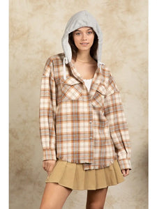 Stay In The Lead Plaid Frayed Hoodie Jacket in Camel