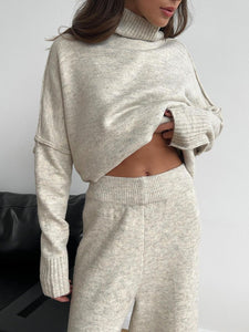 Slit Turtleneck Long Sleeve Top and Pants Sweater Set (multiple color options)