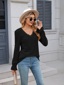 Lace Detail V-Neck Long Sleeve Top (multiple color options)