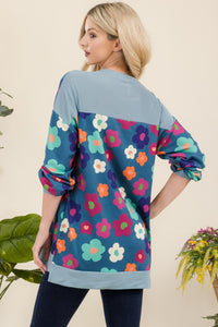 Side Slit Flower Print Long Sleeve Top in Teal