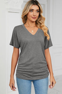 Ruched V-Neck Short Sleeve T-Shirt (multiple color options)