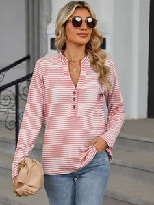 Striped Notched Long Sleeve Top (multiple color options)