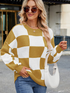 Checkered Round Neck Long Sleeve Sweater (multiple color options)