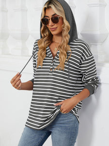 Drawstring Striped Long Sleeve Hoodie (multiple color options)