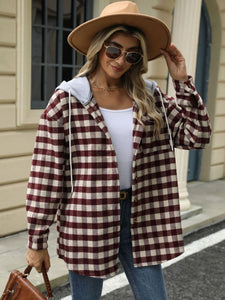 Drawstring Plaid Long Sleeve Hooded Jacket (multiple color options)