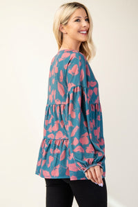 Tiered Floral V-Neck Long Sleeve Blouse