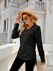 Drawstring V-Neck Long Sleeve Top (multiple color options)