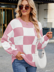 Checkered Round Neck Long Sleeve Sweater (multiple color options)