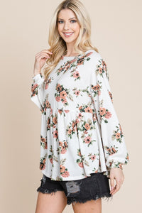 Babydoll Floral Boat Neck Long Sleeve Blouse