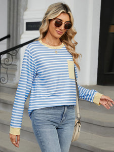 Pocketed Striped Round Neck Long Sleeve Top (multiple color options)