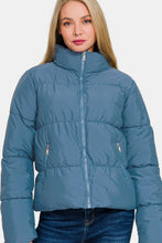 Load image into Gallery viewer, Zip Up Turtleneck Puffer Jacket with Pockets in Dusty Blue
