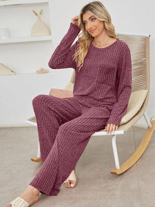 Round Neck Long Sleeve Top and Pants Lounge Set  (multiple color options)