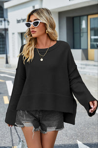 Round Neck Dropped Shoulder Slit Sweater (multiple color options)