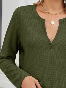 Waffle-Knit Notched Long Sleeve Top (multiple color options)