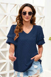 Swiss Dot V-Neck Short Sleeve Blouse  (multiple color options)