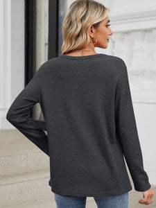 Waffle-Knit Notched Long Sleeve Top (multiple color options)