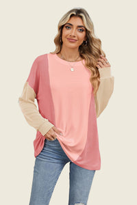 Texture Contrast Round Neck Long Sleeve Top (multiple color options)