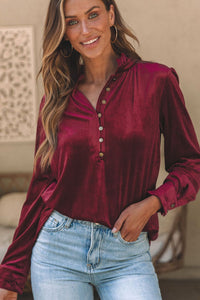 Frill Half Button Mock Neck Long Sleeve Blouse (multiple color options)