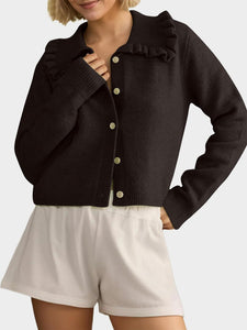 Frill Button Up Collared Neck Long Sleeve Cardigan (multiple color options)