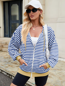 Drawstring Striped Zip Up Long Sleeve Hoodie (multiple color options)