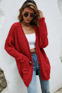 Open Front Openwork Fuzzy Cardigan with Pockets (multiple color options)