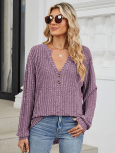 Ribbed Notched Long Sleeve Top (multiple color options)