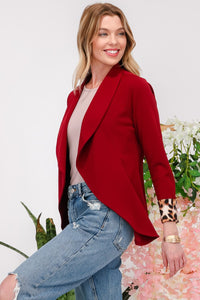 Rolled Leopard Cuff Open Front Blazer in Burgundy