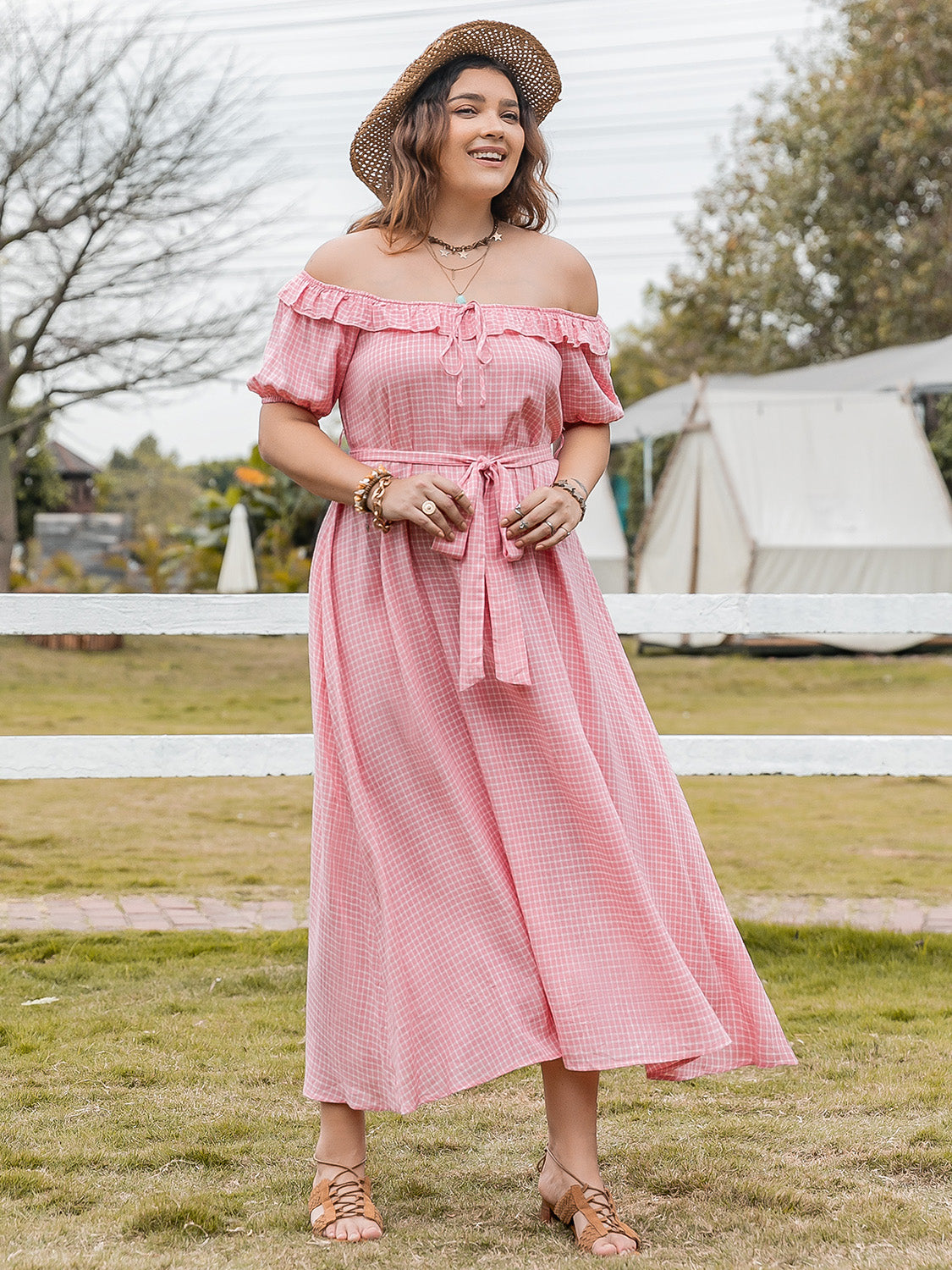 Plaid Off-Shoulder Short Sleeve Midi Dress