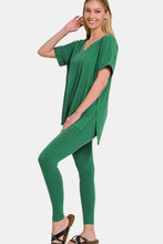 Load image into Gallery viewer, V-Neck Rolled Short Sleeve T-Shirt and Leggings Lounge Set in Forest
