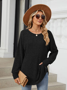 Ribbed Round Neck Long Sleeve Top (multiple color options)