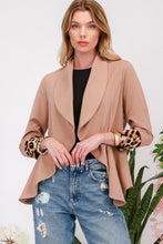 Load image into Gallery viewer, Rolled Leopard Cuff Open Front Blazer in Mocha
