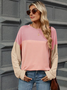 Contrast Round Neck Long Sleeve Top (multiple color options)