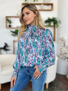 Printed Smocked Long Sleeve Blouse