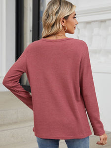 Waffle-Knit Notched Long Sleeve Top (multiple color options)