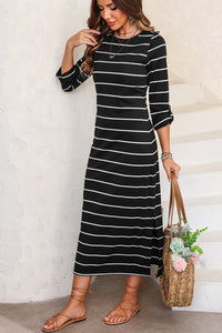 Slit Striped Round Neck Midi Dress (multiple color options)