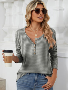 Striped Half Button Long Sleeve Top (multiple color options)