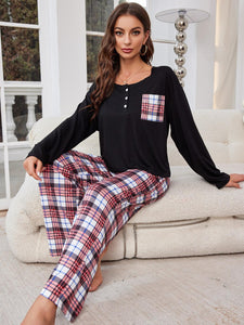 Round Neck Long Sleeve Top and Plaid Pants Pajama Set