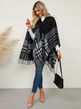 Load image into Gallery viewer, Fringe Contrast Plaid Poncho (multiple color options)
