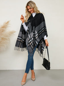 Fringe Contrast Plaid Poncho (multiple color options)