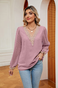 Swiss Dot Contrast V-Neck Blouse (multiple color options)