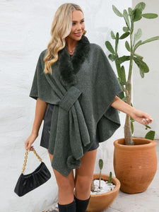 Fuzzy Trim Open Front Poncho (multiple color options)