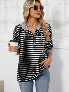 Drawstring Striped Long Sleeve Hoodie (multiple color options)