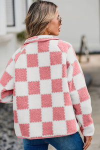 Checkered Snap Down Long Sleeve Teddy Jacket  (multiple color options)